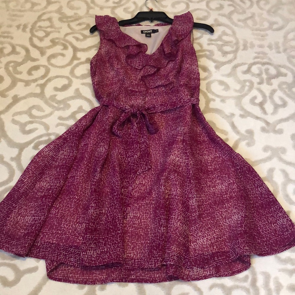 DKNY Ruffle V-Neck Sleeveless Fit & Flare Dress